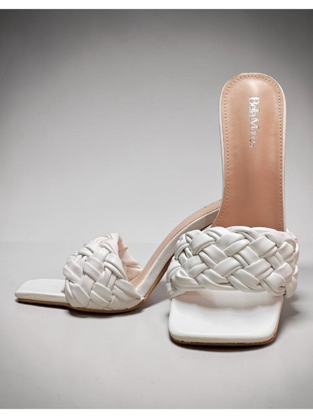 Braided White Heeled Mules With Square-Toe Design & Stiletto Heels